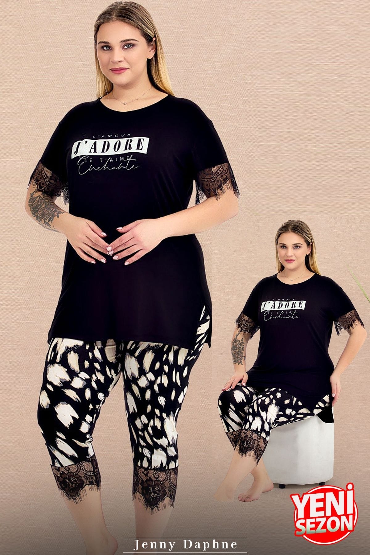 Bisiklet Yaka Büyük Beden Desenli Kolları Paçası Dantelli Kısa Kollu Kapri Pijama Takımı Lady 10726