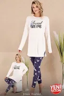 Bisiklet Yaka Desenli Viskon Uzun Kollu Pijama Takımı Lady 11689 Lacivert