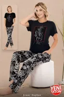 Bisiklet Yaka içek Desenli Kısa Kollu Kadın Pijama Takımı Lady 12597 Siyah