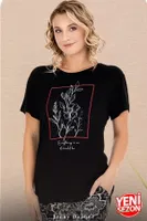 Bisiklet Yaka içek Desenli Kısa Kollu Kadın Pijama Takımı Lady 12597 Siyah detay görünüm