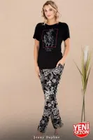 Bisiklet Yaka içek Desenli Kısa Kollu Kadın Pijama Takımı Lady 12597 Siyah farklı açı