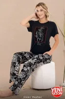 Bisiklet Yaka içek Desenli Kısa Kollu Kadın Pijama Takımı Lady 12597 Siyah görsel 4