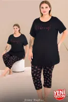 Bisiklet Yaka Kısa Kollu Büyük Beden Çiçek Desenli Kapri Pijama Takımı Lady 10732 Siyah