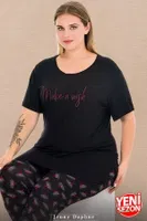 Bisiklet Yaka Kısa Kollu Büyük Beden Çiçek Desenli Kapri Pijama Takımı Lady 10732 Siyah detay görünüm