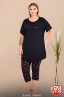 Bisiklet Yaka Kısa Kollu Büyük Beden Çiçek Desenli Kapri Pijama Takımı Lady 10732 Siyah farklı açı