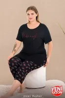 Bisiklet Yaka Kısa Kollu Büyük Beden Çiçek Desenli Kapri Pijama Takımı Lady 10732 Siyah görsel 4
