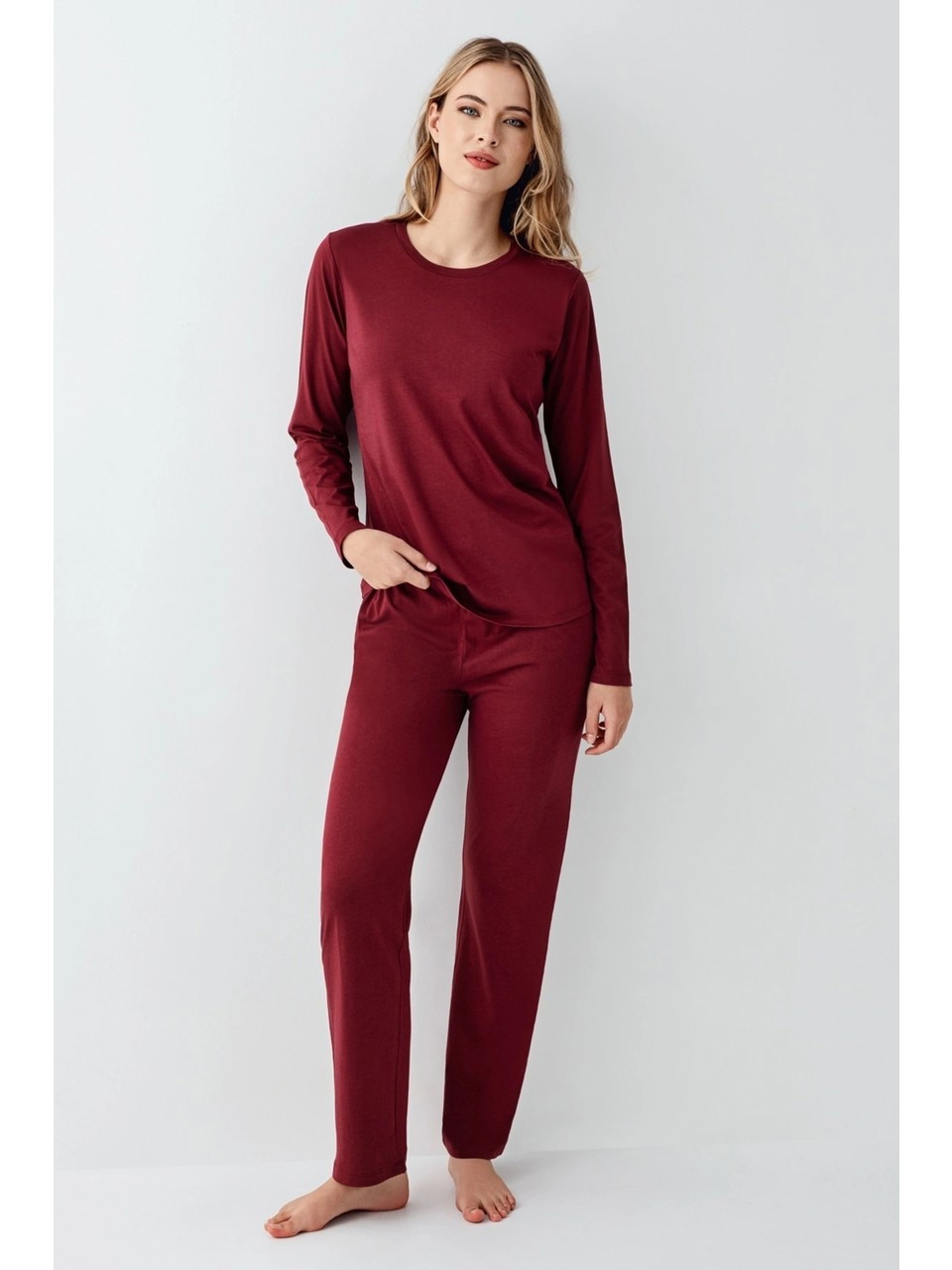 Bisiklet Yaka Uzun Kollu Bordo Kadın Pijama Takımı Arnetta AR3446-S