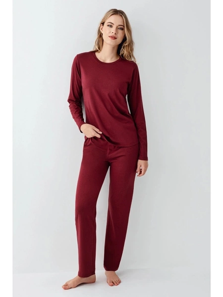 Bisiklet Yaka Uzun Kollu Bordo Kadın Pijama Takımı Arnetta AR3446-S