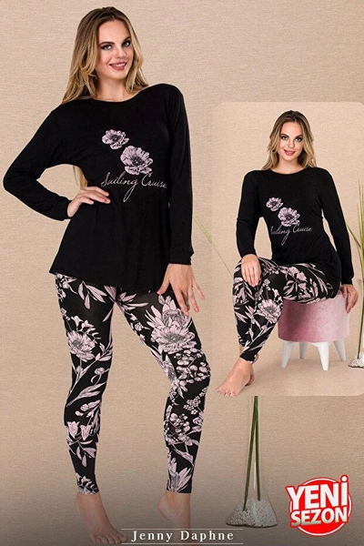 Bisiklet Yaka Viskon Uzun Kollu Çiçekli Pijama Takımı Lady 11605