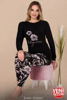 Bisiklet Yaka Viskon Uzun Kollu Çiçekli Pijama Takımı Lady 11605 Siyah detay görünüm