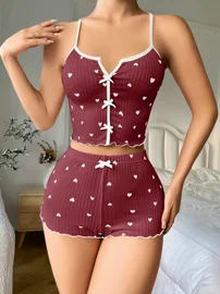 Lily Bianca Bordo Çapraz Askılı Yazlık Pijama Şort Takım Lily Bianca 13111