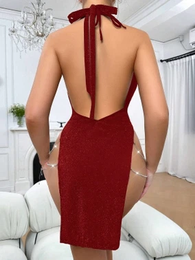Bordo Zincirli Dekolteli Seksi Kadın Mini Elbise Ruselin 5087 - Alternatif Görünüm
