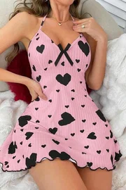 Ruselin Boyundan Bağlamalı Siyah Kalpli Pembe Kısa Gecelik Ruselin 5065