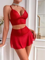 Bralet Kırmızı Dantelli Tül Seksi Sütyen Etek Takım İzabel 13007 Kırmızı