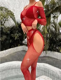 Real Passione Büstiyerli Kırmızı Taşlı Fantazi Vücut Çorabı Real Passione 31027