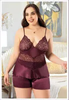 Büyük Beden Ayar Askılı Dantelli Saten Şort Pijama Takım Miss Laris 4242 Bordo