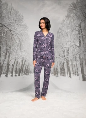 Doreanse Büyük Beden Biyeli Gömlek Yaka Uzun Kollu Kadın Pijama Takım Doreanse 26K4107P