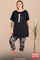 Büyük Beden Çiçek Desenli Bisiklet Yaka Kısa Kollu Kapri Pijama Takımı Lady 10729 Siyah detay görünüm