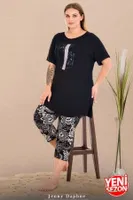 Büyük Beden Çiçek Desenli Bisiklet Yaka Kısa Kollu Kapri Pijama Takımı Lady 10729 Siyah farklı açı