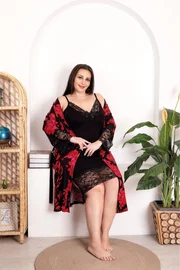 Lady Büyük Beden Çiçek Desenli Dantelli Gecelik Sabahlık Takım Lady 19212