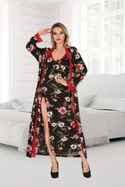 İzabel Büyük Beden Çiçekli Uzun Yırtmaçlı Gecelik Sabahlık Takım İzabel 7001