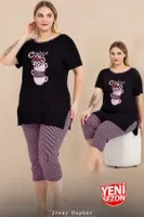 Büyük Beden Çizgili Kapri Kısa Kollu Kapri Pijama Takımı Lady 10728 Siyah
