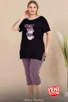 Büyük Beden Çizgili Kapri Kısa Kollu Kapri Pijama Takımı Lady 10728 Siyah detay görünüm