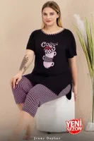Büyük Beden Çizgili Kapri Kısa Kollu Kapri Pijama Takımı Lady 10728 Siyah farklı açı