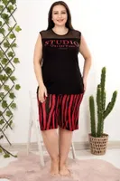 Büyük Beden Çizgili Sıfır Kollu Dantel Detaylı Şortlu Pijama Takımı Lady 10405 Siyah detay görünüm