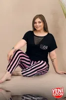 Büyük Beden Çizgili Tül Detaylı Kısa Kollu Pijama Takımı Lady 11000 Siyah