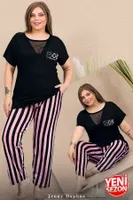 Büyük Beden Çizgili Tül Detaylı Kısa Kollu Pijama Takımı Lady 11000 Siyah detay görünüm