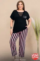 Büyük Beden Çizgili Tül Detaylı Kısa Kollu Pijama Takımı Lady 11000 Siyah farklı açı