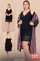Büyük Beden Çizgili Viskon Askılı Dantelli Sabahlık Gecelik Takım 19239 Lady 19239 Siyah