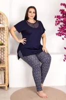 Büyük Beden Dantel Detaylı Yaka Kısa Kollu Pijama Takımı Lady 10973 Mor
