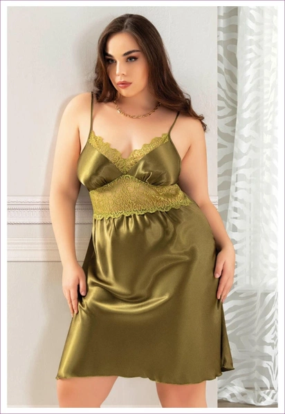 Büyük Beden Dantelli İnce Askılı Yeşil Saten Gecelik Miss Laris 4036