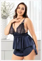 Büyük Beden Dantelli Saten Yırtmaçlı Şort Pijama Takım Miss Laris 4233 Lacivert