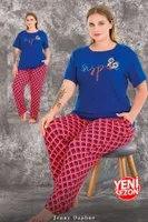 Büyük Beden Desenli Kısa Kollu Anne Pijama Takımı Lady 10981 Mavi