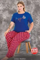 Büyük Beden Desenli Kısa Kollu Anne Pijama Takımı Lady 10981 Mavi detay görünüm