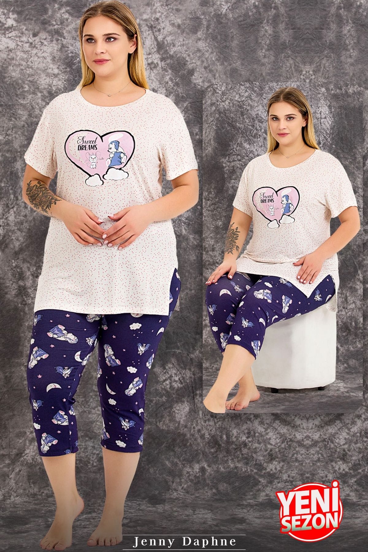 Büyük Beden Desenli Kısa Kollu Kapri Pijama Takımı Lady 10713