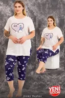 Büyük Beden Desenli Kısa Kollu Kapri Pijama Takımı Lady 10713 Ekru