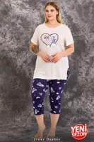Büyük Beden Desenli Kısa Kollu Kapri Pijama Takımı Lady 10713 Ekru detay görünüm