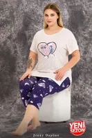 Büyük Beden Desenli Kısa Kollu Kapri Pijama Takımı Lady 10713 Ekru farklı açı