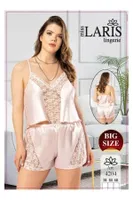Büyük Beden Ekru Dantel İşlemeli Saten Şort Takım Miss Laris 4204 Ekru