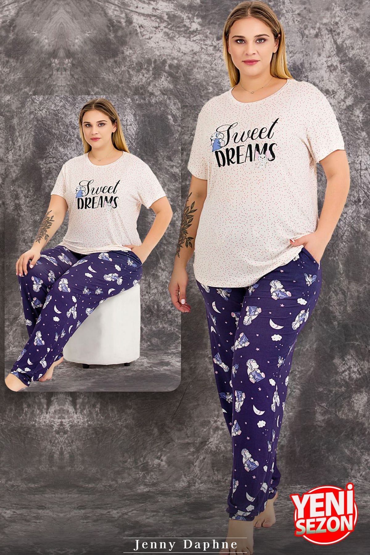 Büyük Beden Gece Desenli Pijama Takımı Lady 10978