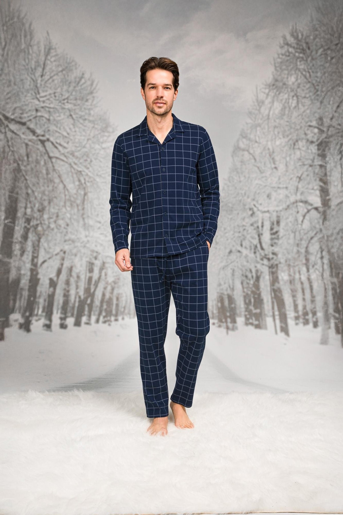 Büyük Beden Gömlek Yaka Kare Desenli Uzun Kollu Erkek Pijama Takım Doreanse 26K4602P