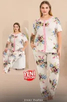 Büyük Beden Gül Desenli Düğmeli Pijama Takımı 11015 Lady 11015 Beyaz