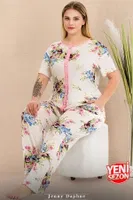 Büyük Beden Gül Desenli Düğmeli Pijama Takımı 11015 Lady 11015 Beyaz detay görünüm