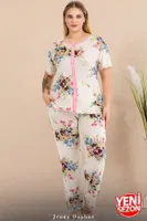 Büyük Beden Gül Desenli Düğmeli Pijama Takımı 11015 Lady 11015 Beyaz farklı açı