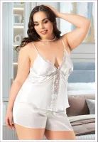 Büyük Beden İnce Askılı Ekru Saten Şort Pijama Takım Miss Laris 4239 Ekru