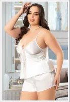 Büyük Beden İnce Askılı Ekru Saten Şort Pijama Takım Miss Laris 4239 Ekru detay görünüm